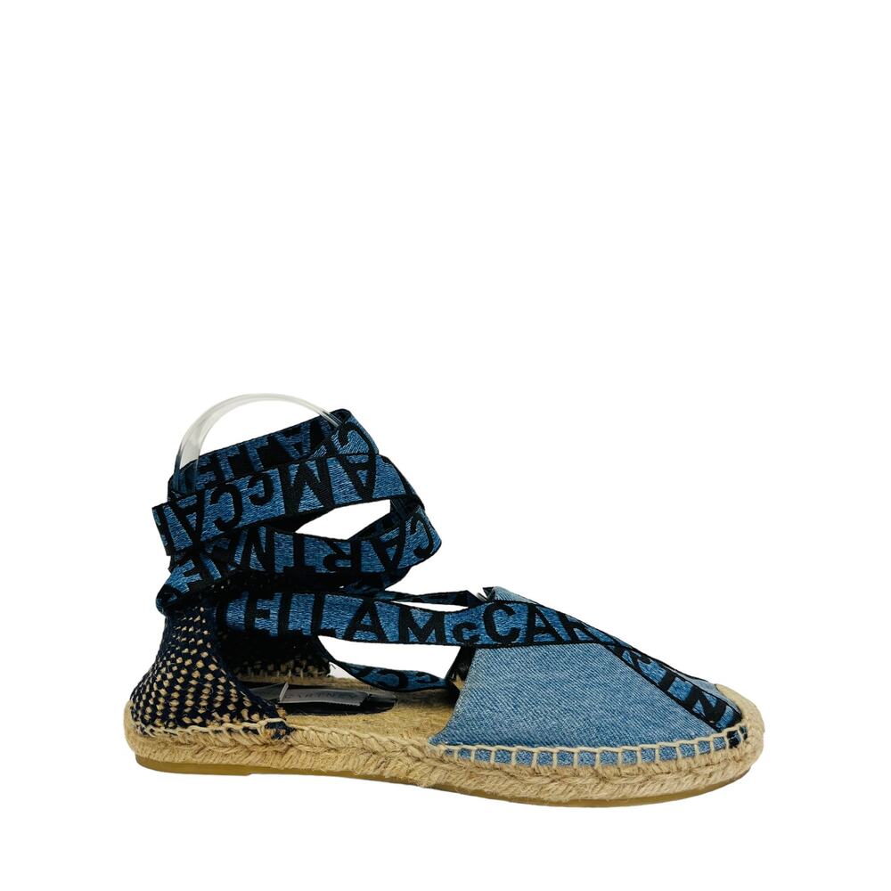 STELLA MCCARTNEY Blue Denim Gaia Canvas Lace Up Ankle Tie Espadrilles Flats 37 - Picture 1 of 8
